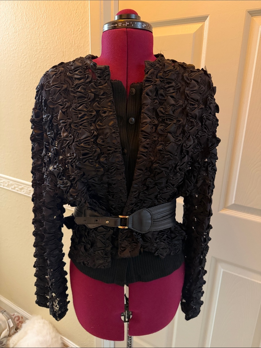 Black Textured Ruffle Open-Front Jacket with Belt